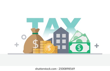 Tax activities icon collection illustrate with colorful cartoon style including coin, dollar bill and saving