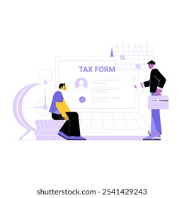 Tax Advisor Assisting Client With Tax Form In Flat Vector Illustration Symbolizing Financial Assistance And Tax Consultation, Isolated On White Background