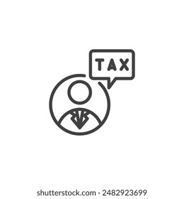 Tax Advisor line icon. linear style sign for mobile concept and web design. Person giving advice with a speech bubble containing Tax outline vector icon. Symbol, logo illustration. Vector graphics