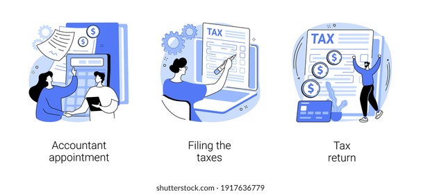 Tax agent service abstract concept vector illustration set. Accountant appointment, filing the taxes, money refund, income statement and financial audit, e-file online software abstract metaphor.
