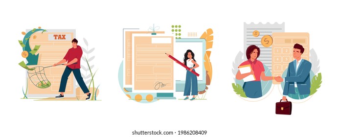 Tax agent service abstract concept vector illustration set. Accountant appointment, filing the taxes, money refund. Online paperwork, income statement, e-file online software abstract metaphor. 