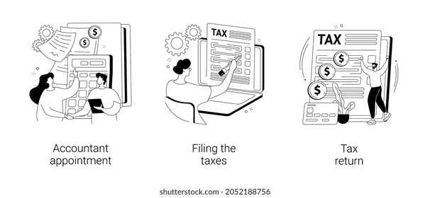 Tax agent service abstract concept vector illustration set. Accountant appointment, filing the taxes, money refund, income statement and financial audit, e-file online software abstract metaphor.