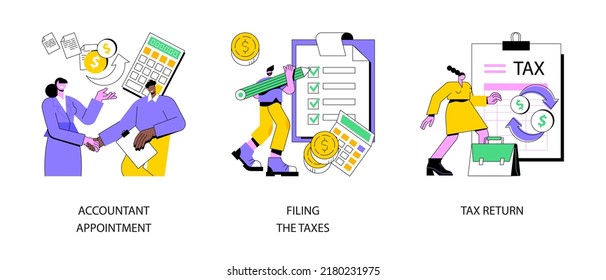 Tax agent service abstract concept vector illustration set. Accountant appointment, filing the taxes, money refund, income statement and financial audit, e-file online software abstract metaphor.