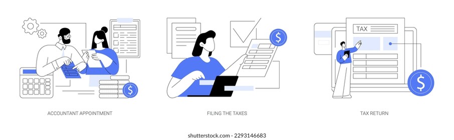 Tax agent service abstract concept vector illustration set. Accountant appointment, filing the taxes, money refund, income statement and financial audit, e-file online software abstract metaphor.