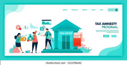 Tax amnesty program for reporting asset and tax violation at government tax office. Tax officer advising and calculate taxpayer annual bill, People pay lower taxes. Flat illustration vector design.