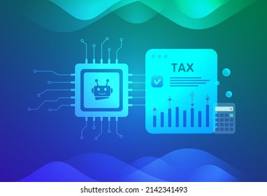 Tax Artificial Intelligence and Machine Learning Automate Tax Audit Proposal Process concept. AI robot accounting automation modern vector illustration with neon color icons, deep gradient background