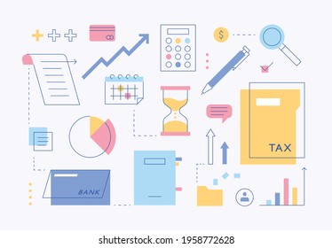 Tax asset business icon collection. Hairline and color combination design. flat design style minimal vector illustration.