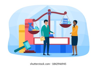 Tax attorney concept. Tax law and regulations, financial advisor, justice. Can be use for, landing page, web, ui banner, flyer, poster, template, background. Cartoon flat vector illustration