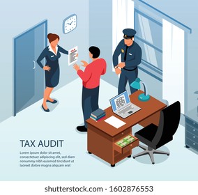 Tax audit on site inspection isometric composition with authorities examining business administration accounts records returns vector illustration 