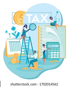 Tax Audit. Professional Four Membered Team Verifying That Company's Income and Deductions Are Accurate. People with Calculator and Magnifying Glass Studying Financial Report. Flat Vector Banner.