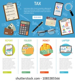 Tax, Auditing, Business Accounting banner and Infographics with flat style icons Charts, Calculator, money and Smartphone. Isolated vector illustration
