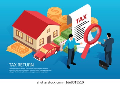 Tax authority examines business house automobile owner income statement with big magnifying glass isometric composition vector illustration 