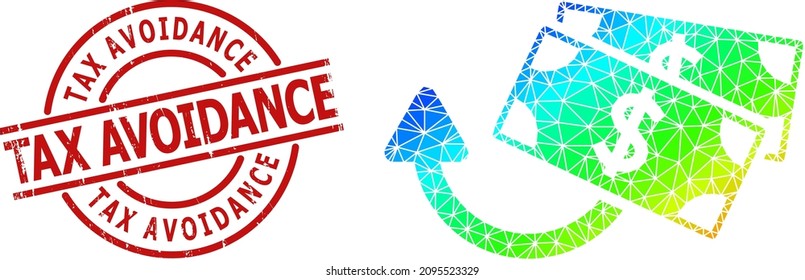 Tax Avoidance rubber stamp seal and lowpoly rainbow colored dollar banknotes refund icon with gradient. Red stamp seal contains TAX AVOIDANCE title inside round and lines template.