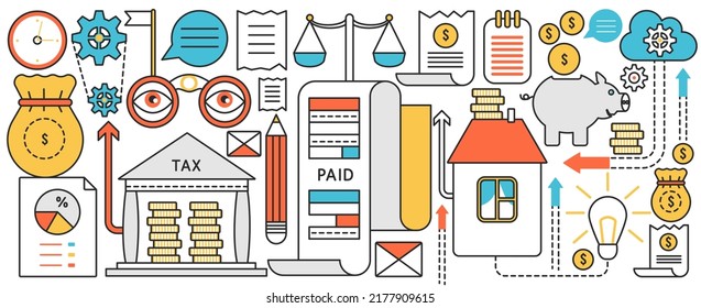 Tax And Banking Account Technology. Order Receipt Bill And Piggy Bank Symbols, Credit Balance In Documents And Forms, Money Transaction In Commerce Infographic Concept Banner, Thin Line Art Design