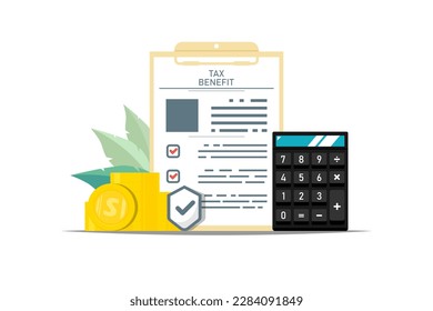 Concepto de beneficios fiscales, Documento de papel con calculadora, Moneda de oro en fondo aislado, Ilustración de marketing digital.