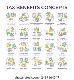 Iconos de concepto multicolor de beneficios fiscales. Políticas fiscales. Incentivos fiscales y deducciones. Reembolsos y reducciones. Impuestos. Paquete de iconos. Imágenes vectoriales. Ilustraciones de forma redonda. idea Abstractas