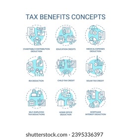 Tax benefits soft blue concept icons. Financial planning. Fiscal policies. Tax relief and deduction. Types of tax credits. Icon pack. Vector images. Round shape illustrations. Abstract idea