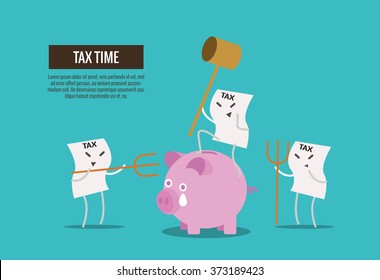 Tax bill hold hammer about to smash piggy bank. cartoon character. Tax burden abstract concept. thin line flat design. vector illustration