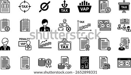 Tax and budgeting line icon set vector illustration. Includes forms, deductions, VAT, bookkeeping, penalty, accountant, bracket, compliance, audit, financial statements and payment tracking symbols.
