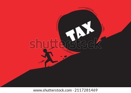Tax burden. Big tax stone falling down behind a running man from the mountain. Employee running away from tax rock. 