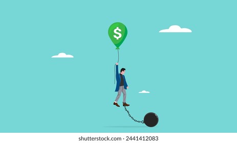 tax burden, business budget barriers, taxation problem for wealth accumulation, businessman fails to fly using a green balloon with a dollar symbol because of the weight ball attached to his feet
