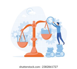 TAX burden. Business concept, Businessman use coins balancing with TAX on scales, flat vector modern illustration
