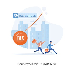  tax burden concept. Businessman running away from huge pendulum with message 'tax',  flat vector modern illustration