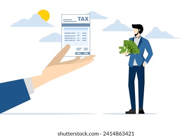 Tax burden concept, debt to pay income tax, businessman holding savings looking at tax bill. accounting or billing, financial burdens and obligations to pay government, wealth management or savings.