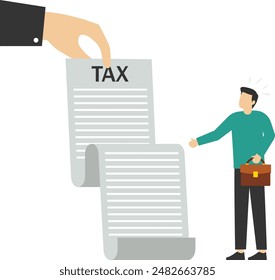 Concepto de carga fiscal, deuda para pagar el impuesto sobre la renta, empresario que tiene ahorros mirando la factura de impuestos. contabilidad o facturación, cargas financieras y obligaciones para pagar al gobierno, gestión de patrimonio, o s