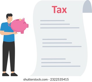 Tax burden or debt to pay for income tax, Financial charge and duty to pay for government, Accounting or bills, Wealth management or savings, Holding saving piggy bank looking at tax bills


