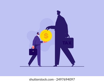 Tax burden or debt to pay for income tax concept, financial charge and duty to pay for government, businessman holding money coin with business taxes shadow