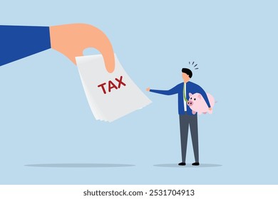 Tax burden or debt to pay for income tax, Businessman holding a piggy bank and examining tax invoices.
