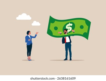 Tax burden or financial problem and difficulty. Businessman put her head in guillotine banknote dollar. Humiliation and punishment. Employer domination exploitation. Vector illustration