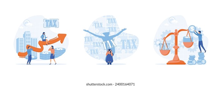 Tax Burden Payment Obligation, Business people scared with tax debt burden, Businessman use coins balancing with TAX on scales. Tax burden set flat vector modern illustration