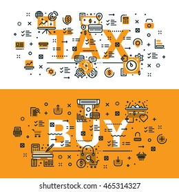 Tax and Buy heading, title, web banner. Horizontal colored in white and yellow flat vector illustration.