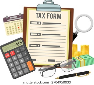Tax calculation, accounting, payment, paperwork concept. Government taxes, financial research, report. Calculation of tax return. Flat style icons. Isolated vector illustration