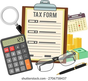 Tax calculation, accounting, payment, paperwork concept. Government taxes, financial research, report. Calculation of tax return. Flat style icons. Isolated vector illustration