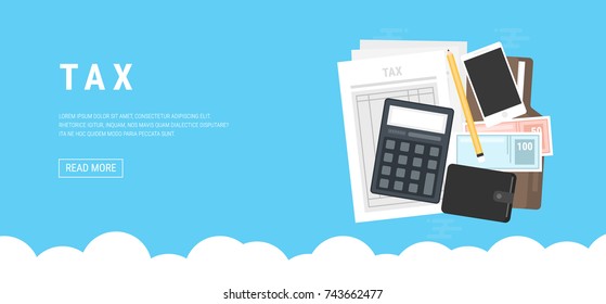 Tax calculation, budget calculation, accounting, paperwork concept. Top view. Modern flat design graphic elements for web banners, web sites, infographics. Red background. Creative vector illustration