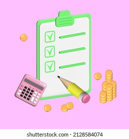 Cálculo de impuestos, calculadora, hoja de papel, lápiz y monedas de oro, ilustración vectorial 3d de renderización