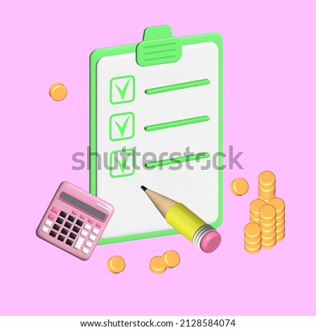 Tax calculation, calculator, sheet of paper, pencil and golden coins, 3d render vector illustration