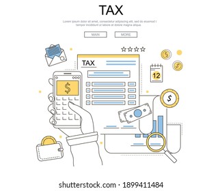 Tax Calculation Concept Contour Linear Style Include of Document, Calculator and Magnifier. Vector illustration of Lineart