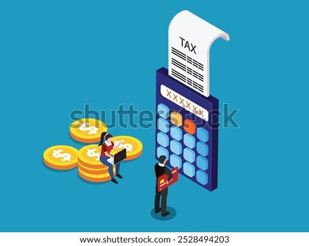 Tax Calculation Concept with Financial Figures, Calculator, and Digital Tools 3d isometric vector illustration