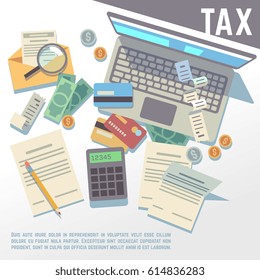 Tax calculation, financial report, accounting taxation consultation, payment of debt vector background