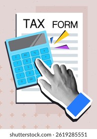 Tax calculation - hand with a calculator and paper tax form. Modern collage style. Vector illustration
