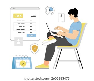 Tax calculation, making income tax return. Personal financial account. Young man pay bills online on the website form via laptop. Vector illustration on isolated white background.	
