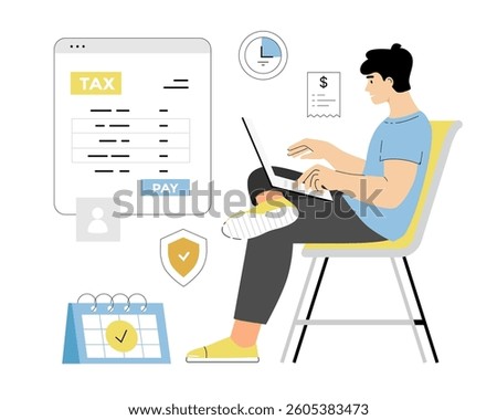 Tax calculation, making income tax return. Personal financial account. Young man pay bills online on the website form via laptop. Vector illustration on isolated white background.	
