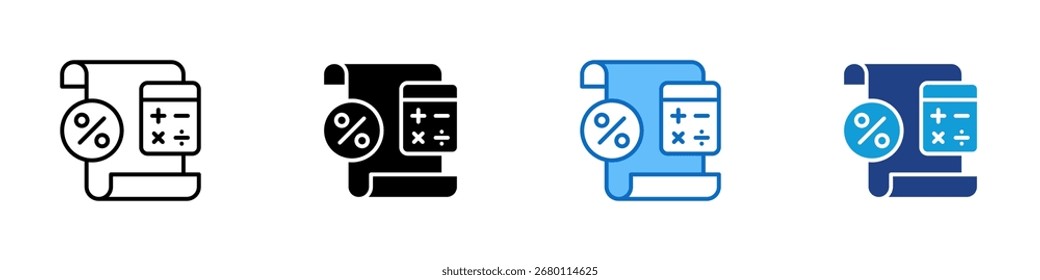Vetor de Design de Ícone de Estilo Múltiplo de Cálculo de Imposto - Papel de rolagem com calculadora e porcentagem, simbolizando cálculo e contabilidade de imposto