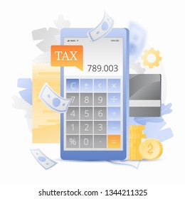Tax calculation on phone vector illustration with calculator app on cellphone screen, Tax bill, and debit card. Modern stylish flat design with gradients.