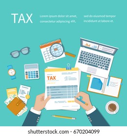 Tax calculation payment concept. Man fills the form of taxation. Forms, documents, wallet, credit cards, calculator, coffee, glasses, laptop, calendar, magnifier, watch. Vector illustration background
