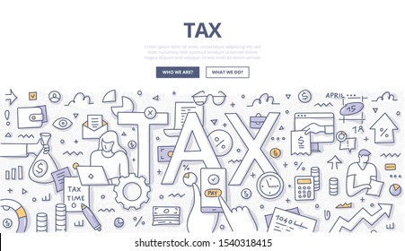 Tax Calculation And Payment. Tax Form Filling. Paying Tax Online. Financial Administration And Audit Concept. Doodle Illustration For Web Banners, Hero Images, Printed Materials